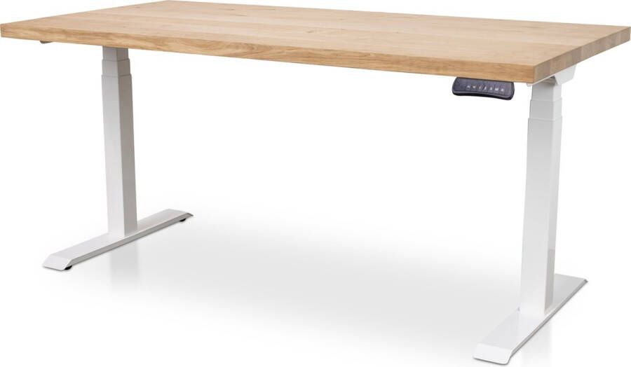 Multi Ratio Zit-sta bureau met massief eiken blad 180 x 90 cm MRC PRO NEN-EN 527 elektrisch verstelbaar frame zwart 130 cm hoog 150KG draagvermogen