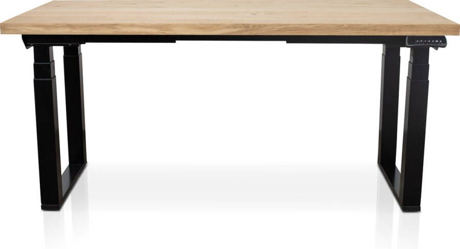 Multi Ratio Zit-sta bureau met massief eiken blad 180 x 90 cm MRC PRO U-poot frame wit NEN-EN 527 elektrisch verstelbaar frame wit 130 cm hoog 150KG draagvermogen