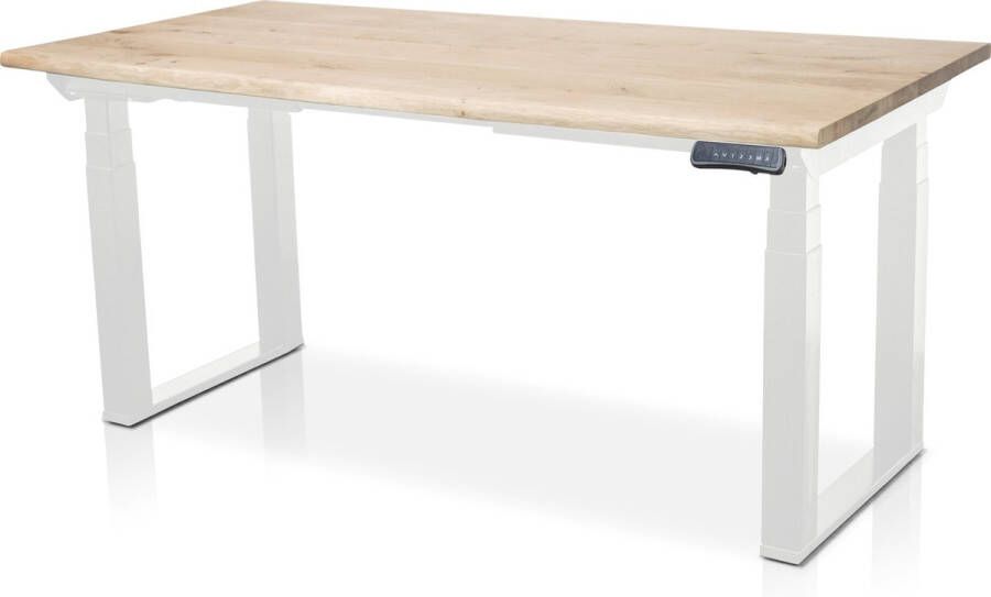 Multi Ratio Zit-sta bureau met massief eiken boomstam blad 120 x 80 cm MRC PRO U-poot frame wit NEN-EN 527 elektrisch verstelbaar frame wit 130 cm hoog 150KG draagvermogen