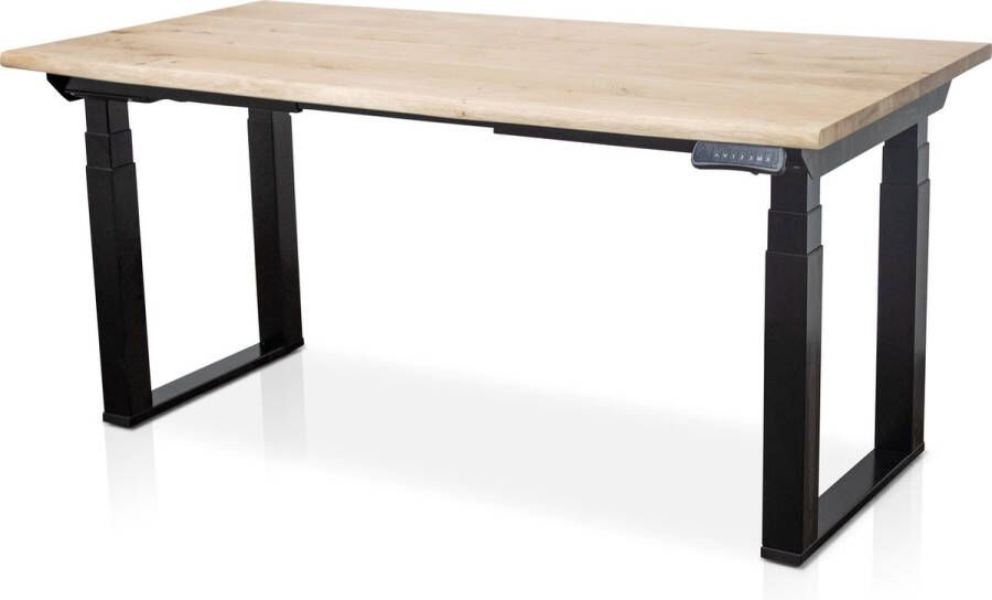 Multi Ratio Zit-sta bureau met massief eiken boomstam blad 120 x 80 cm MRC PRO U-poot frame wit NEN-EN 527 elektrisch verstelbaar frame wit 130 cm hoog 150KG draagvermogen