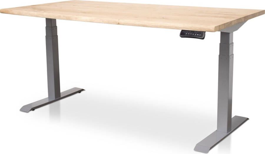 Multi Ratio Zit-sta bureau met massief eiken boomstam blad 140 x 80 cm MRC PRO NEN-EN 527 elektrisch verstelbaar frame aluminium 130 cm hoog 150KG draagvermogen
