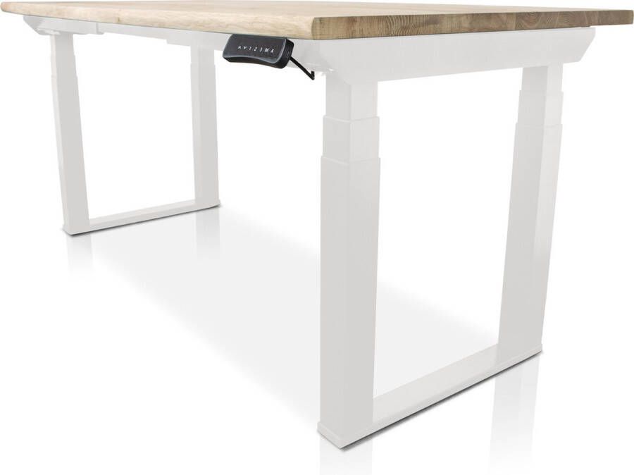 Lineaflex MRC Zit-sta bureau met massief eiken boomstam blad 140 x 80 cm MRC PRO U-poot frame zwart NEN-EN 527 elektrisch verstelbaar frame zwart 130 cm hoog 150KG draagvermogen