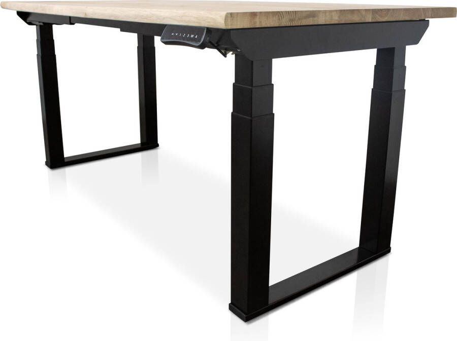 Multi Ratio Zit-sta bureau met massief eiken boomstam blad 140 x 80 cm MRC PRO U-poot frame wit NEN-EN 527 elektrisch verstelbaar frame wit 130 cm hoog 150KG draagvermogen