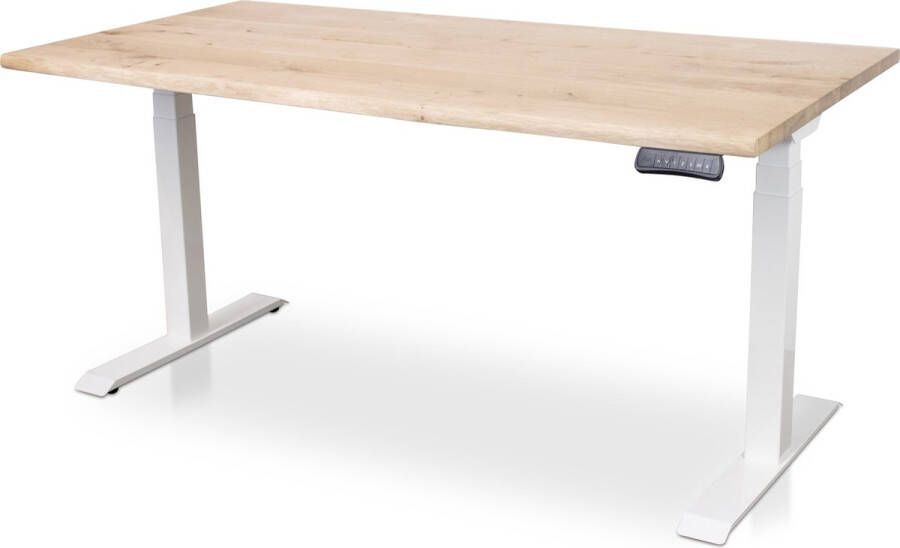 Multi Ratio Zit-sta bureau met massief eiken boomstam blad 180 x 90 cm MRC PRO NEN-EN 527 elektrisch verstelbaar frame zwart 130 cm hoog 150KG draagvermogen