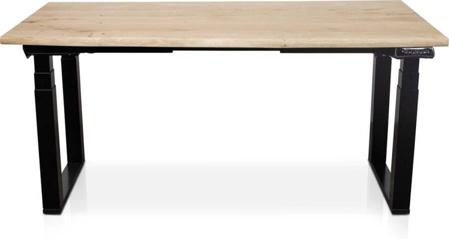 Multi Ratio Zit-sta bureau met massief eiken boomstam blad 180 x 90 cm MRC PRO U-poot NEN-EN 527 elektrisch verstelbaar frame wit 130 cm hoog 150KG draagvermogen