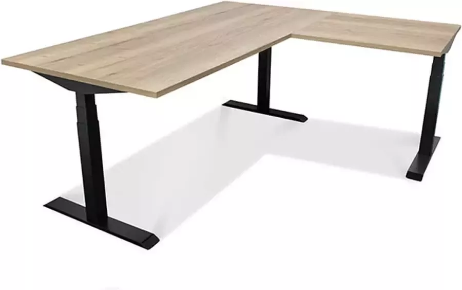 Multi Ratio Zit-sta Hoekbureau elektrisch verstelbaar MRC PRO NEN-EN 527 200 x 160 cm frame zwart blad robuust eiken 130 cm hoog 150KG draagvermogen Geschikt voor Gaming