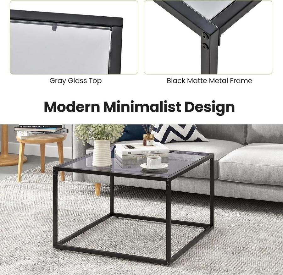 Multigot Vierkante Salontafel – Grijs Zwart – Glazen Tafelblad van Gehard Glas – Metalen Frame – Moderne Koffietafel met Verstelbare Pootjes – Voor Woonkamer – Zonder Roosterplank