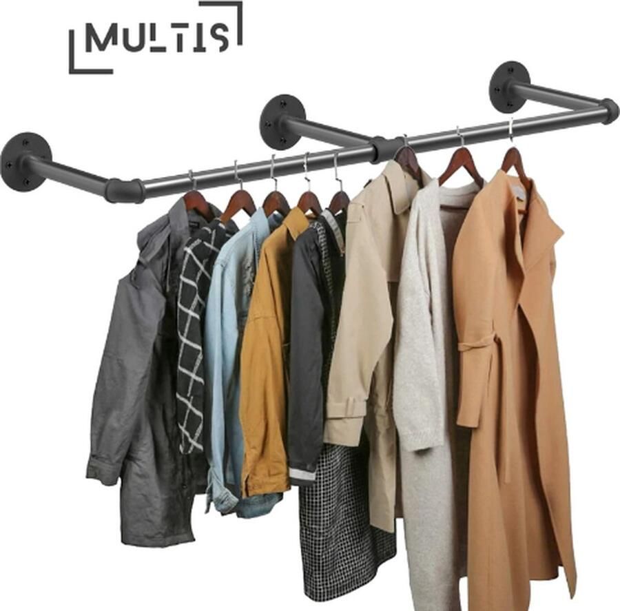 Multis Luxe Kledingrek Garderobe set Kledingstang Kapstok Industrieel Kledingrek Wandmontage Kastopslag 180cm Zwart