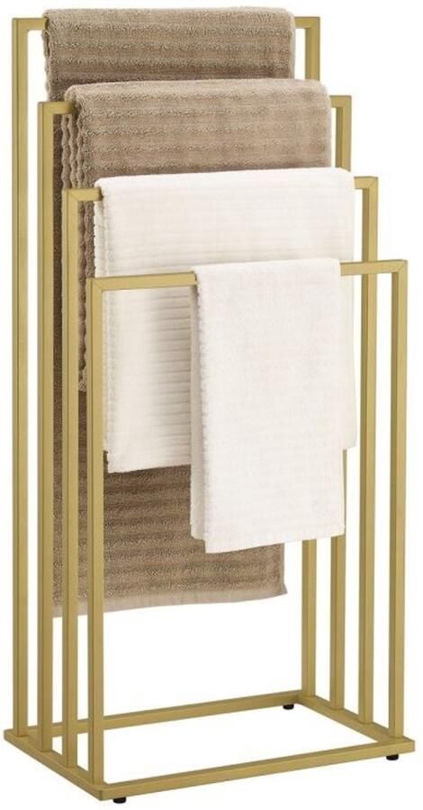 Multistore Vrijstaande Handdoekhouder 4 Niveaus – Stalen Handdoekrek Mat Goud – Luxe Badkamerrek zonder Boren