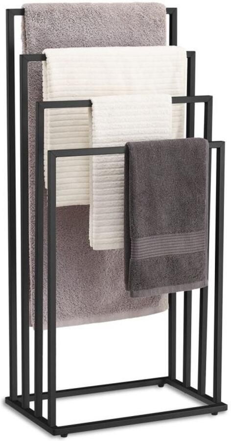 Multistore Vrijstaande Handdoekhouder 4 Niveaus – Stalen Handdoekrek Mat Zwart – Modern Design voor Badkamer of Wasruimte