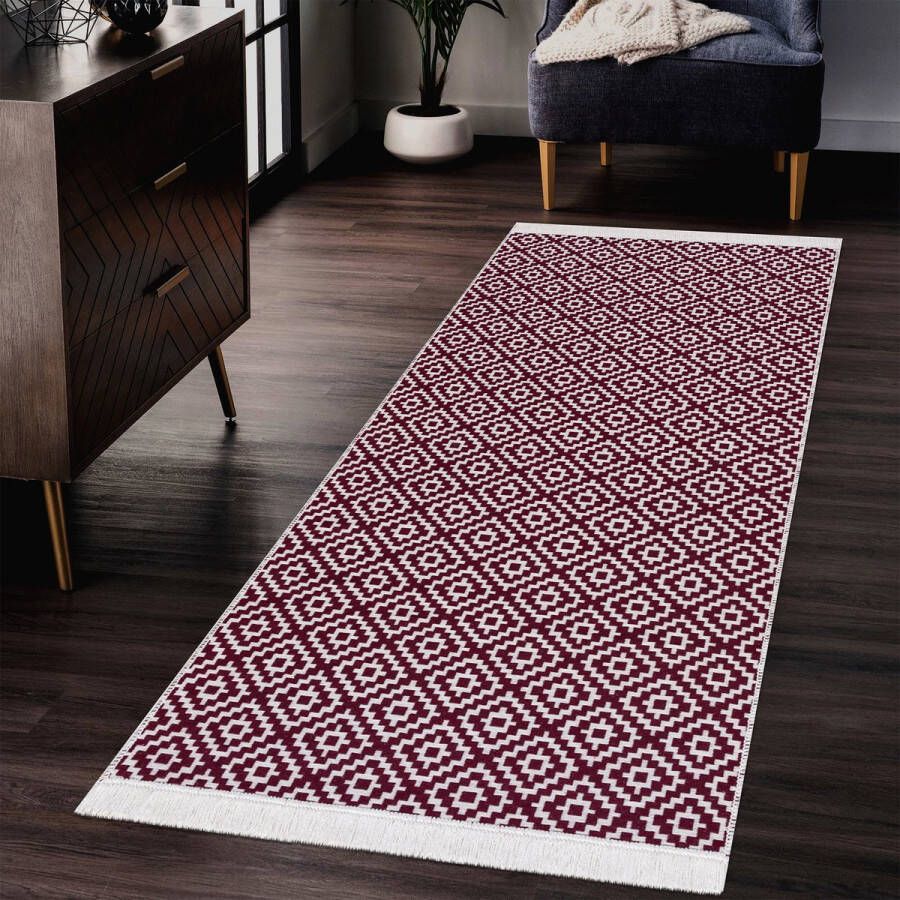 Muratap Boho Kelim Dubbelzijdig Wasbaar Vloerkleed Creme Rood- 60x180 CM