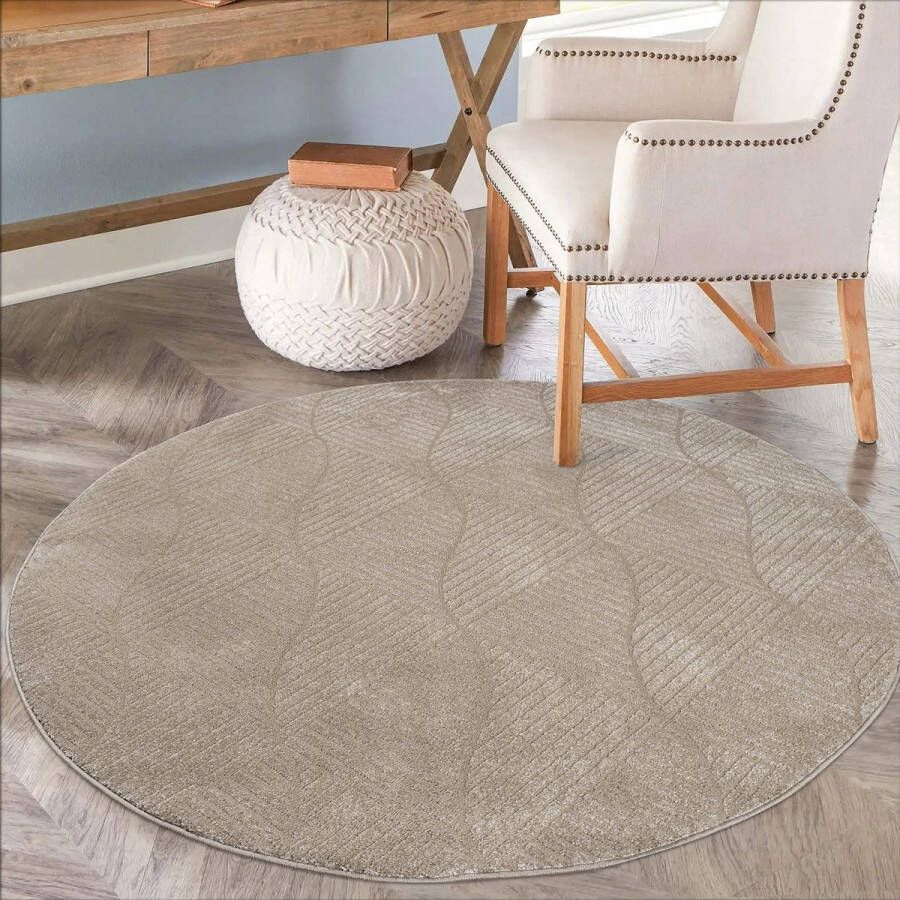 Muratap Everest Vloerkleed Modern Boho Patroon Laagpolig Rond Tapijt Woonkamer Beige- 200 CM ROND