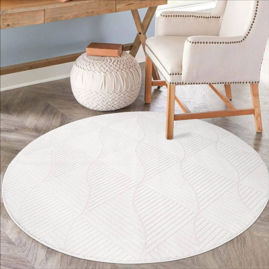 Muratap Everest Vloerkleed Modern Boho Patroon Laagpolig Rond Tapijt Woonkamer Wit- 200 CM ROND