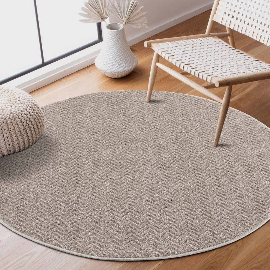 Muratap Everest Vloerkleed Modern Geometrisch Laagpolig Rond Tapijt Woonkamer Beige- 120 CM ROND