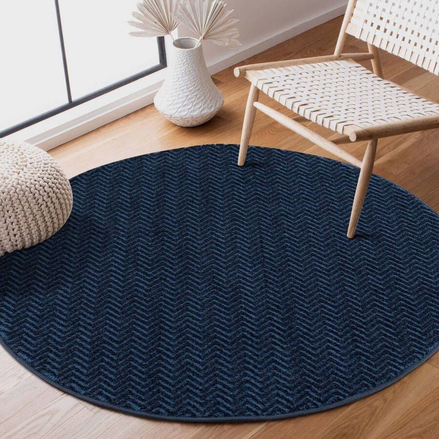 Muratap Everest Vloerkleed Modern Geometrisch Laagpolig Rond Tapijt Woonkamer Blauw- 200 CM ROND