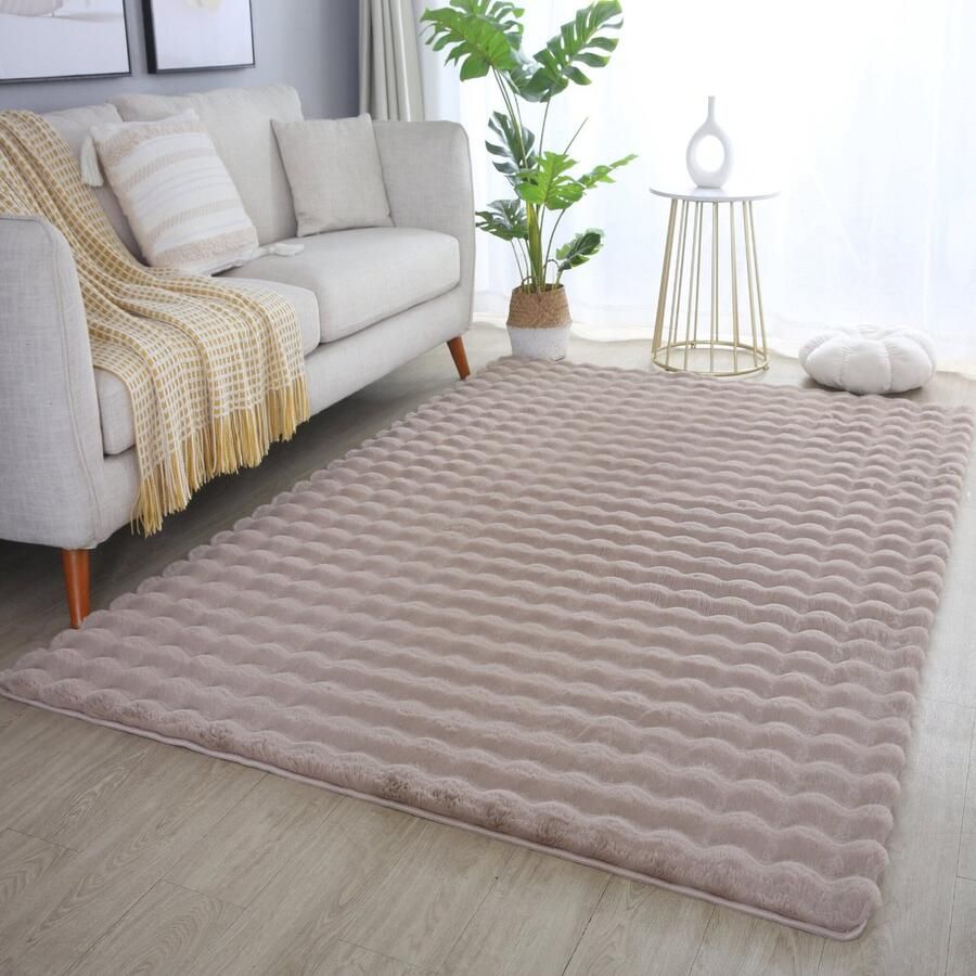 Muratap Ambiance Fluffy Hoogpolig Vloerkleed Uni Effen Kleur Beige Woonkamer Tapijt Met Katoenen Rug- 200x290 CM
