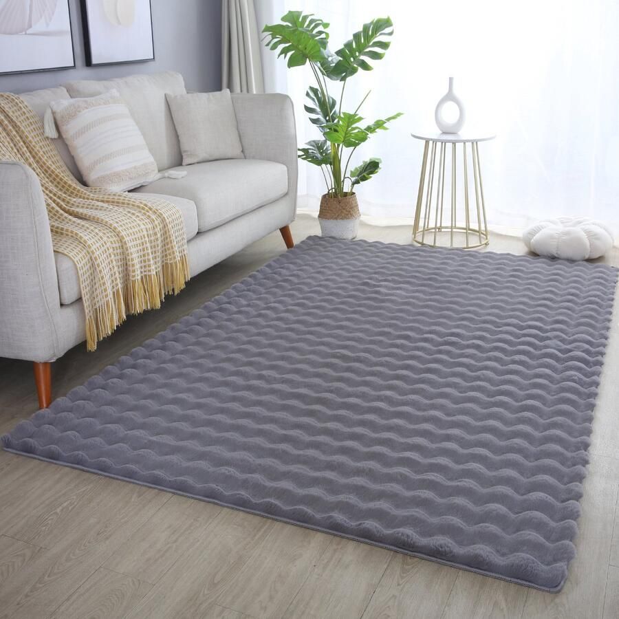 Muratap Ambiance Fluffy Hoogpolig Vloerkleed Uni Effen Kleur Grijs Woonkamer Tapijt Met Katoenen Rug- 140x200 CM