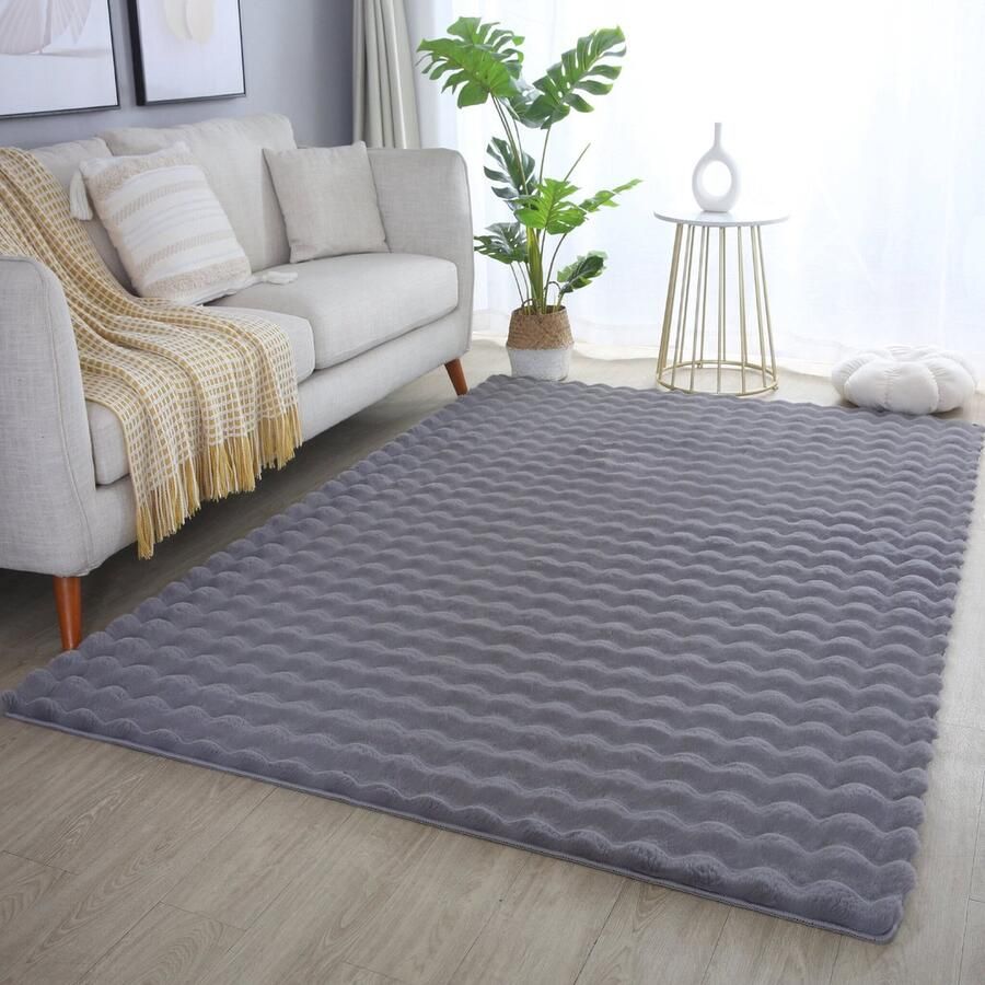 Muratap Ambiance Fluffy Hoogpolig Vloerkleed Uni Effen Kleur Grijs Woonkamer Tapijt Met Katoenen Rug- 80x150 CM