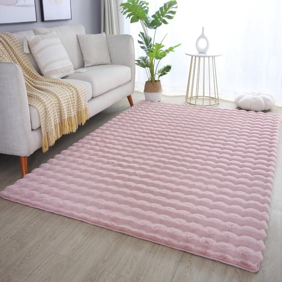 Muratap Ambiance Fluffy Hoogpolig Vloerkleed Uni Effen Kleur Roze Woonkamer Tapijt Met Katoenen Rug- 80x250 CM
