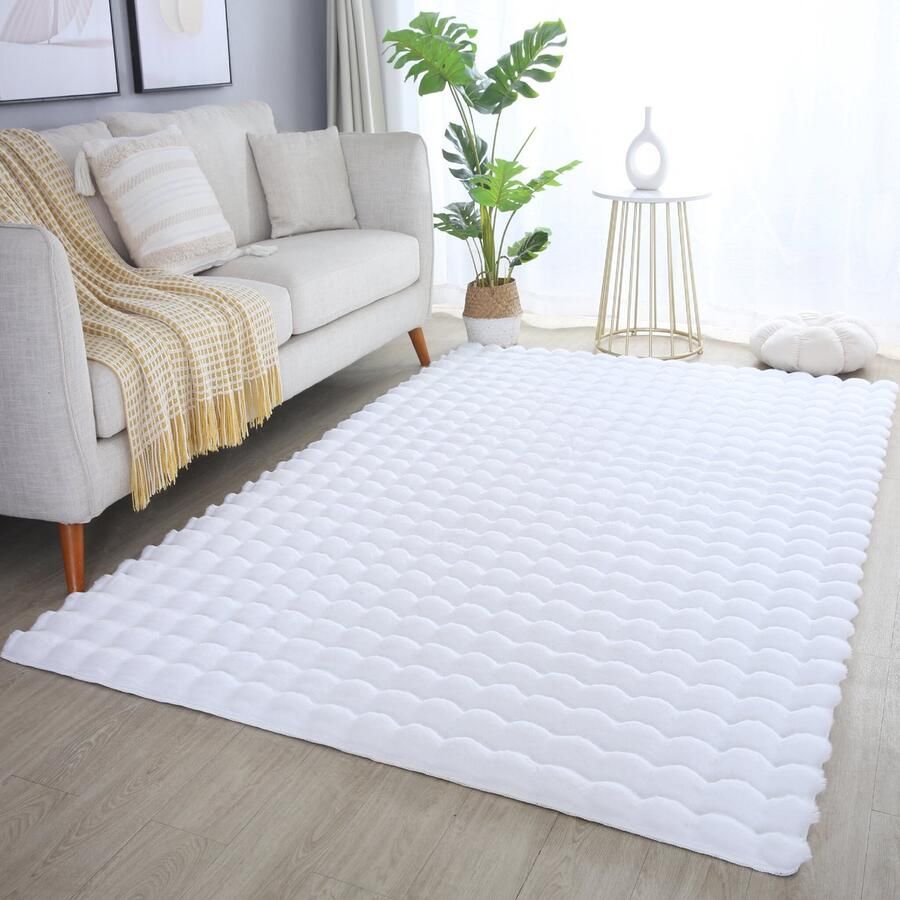 Muratap Ambiance Fluffy Hoogpolig Vloerkleed Uni Effen Kleur Wit Woonkamer Tapijt Met Katoenen Rug- 200x290 CM