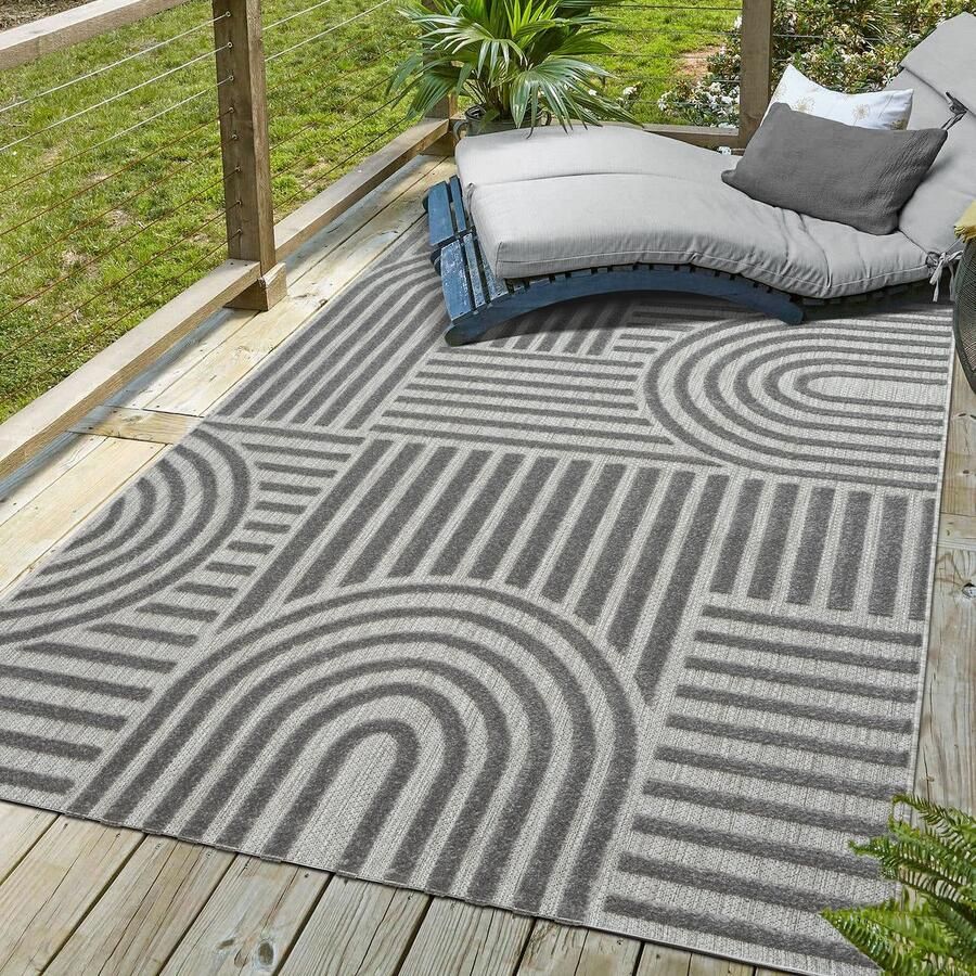 Muratap Berlin Outdoor Japandi Grijs Vloerkleed Binnen en Buiten Laagpolig Tapijt Tuin- 60x110 CM