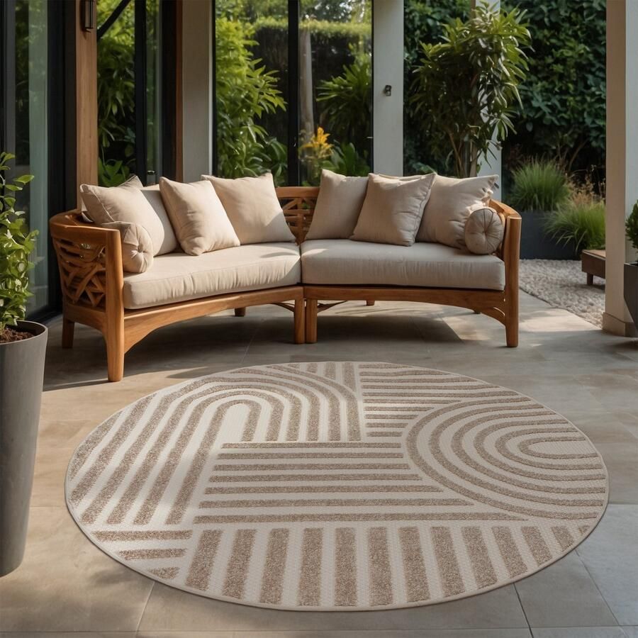 Muratap Berlin Outdoor Japandi Rond Beige Vloerkleed Binnen en Buiten Laagpolig Tapijt Tuin- 150 CM ROND