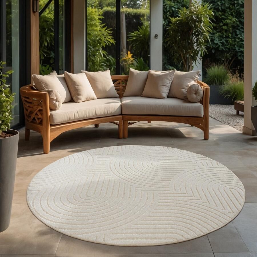 Muratap Berlin Outdoor Japandi Rond Creme Vloerkleed Binnen en Buiten Laagpolig Tapijt Tuin- 200 CM ROND