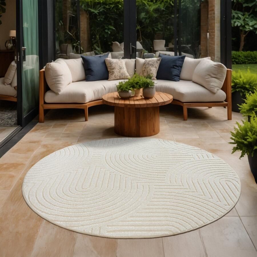 Muratap Berlin Outdoor Japandi Rond Creme Vloerkleed Binnen en Buiten Laagpolig Tapijt Tuin- 120 CM ROND