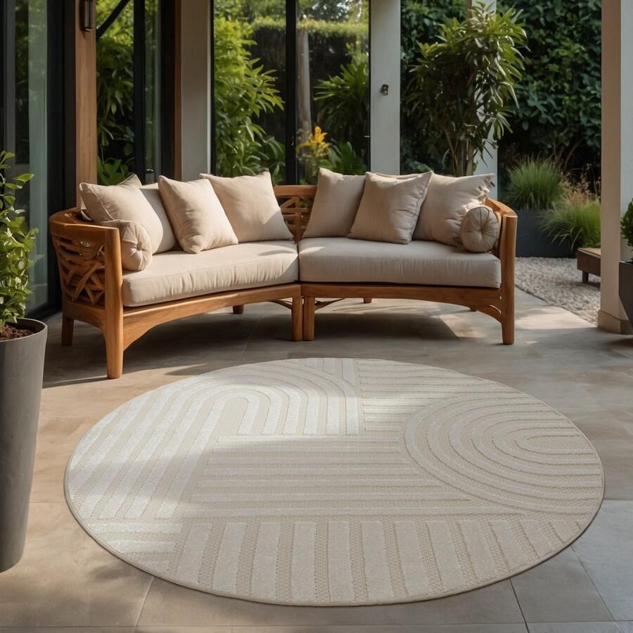 Muratap Berlin Outdoor Japandi Rond Creme Vloerkleed Binnen en Buiten Laagpolig Tapijt Tuin- 150 CM ROND