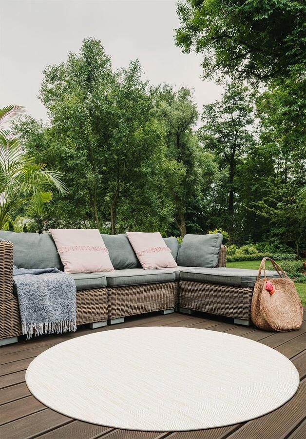 Muratap Brussels Uni Buitenkleed – Rond Effen Indoor & Outdoor Vloerkleed – Tuinkleed Balkonkleed – Creme Wit- 200 CM ROND