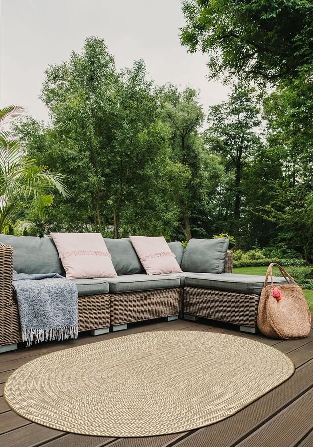 Muratap Brussels Vintage Buitenkleed – Ovaal Effen Indoor & Outdoor Vloerkleed – Tuinkleed Balkonkleed – Jute Beige Wit- 240x340 CM Ovaal