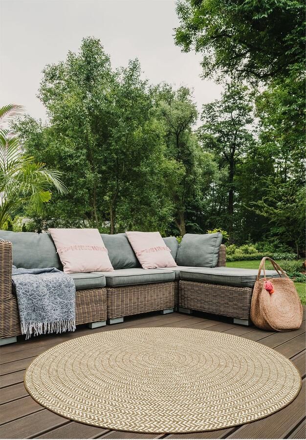 Muratap Brussels Vintage Buitenkleed – Rond Indoor & Outdoor Vloerkleed – Tuinkleed Balkonkleed – Jute Beige Wit- 300 CM ROND