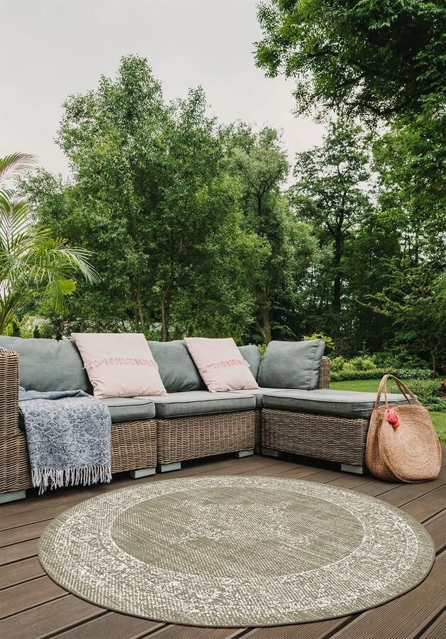 Muratap Brussels Vintage Buitenkleed – Rond Indoor & Outdoor Vloerkleed – Tuinkleed Balkonkleed – Linnen Beige- 160 CM ROND