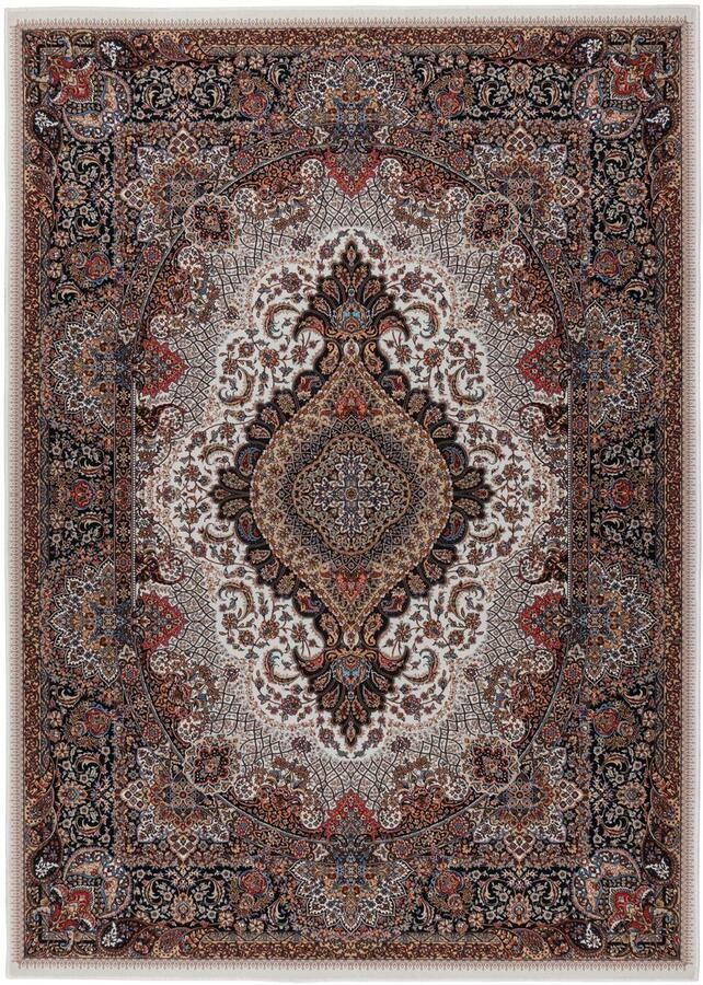 Muratap Dunya Klassiek Isfahan Oosters Vloerkleed Laagpolig Wasbaar Anti-Slip 100% Polyester Creme Multi- 200x290 CM