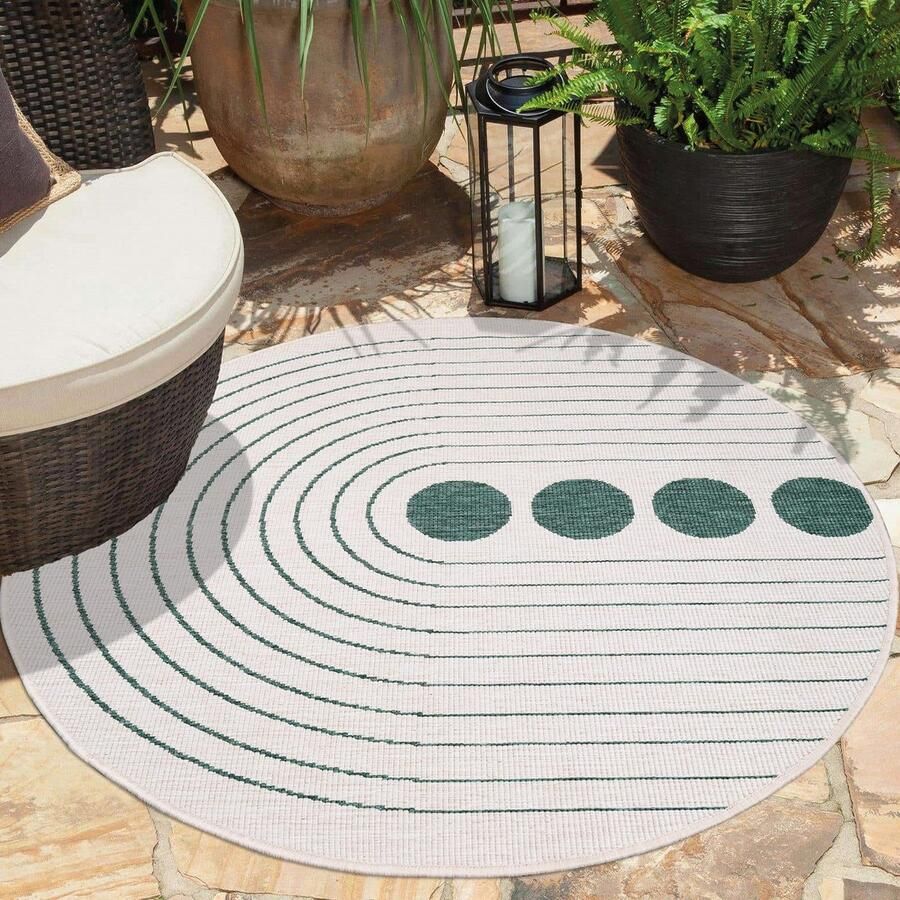 Muratap Tapijtenloods Duo Binnen en Buiten Vloerkleed Dubbelzijdig Outdoor Laagpolig Tapijt Creme Groen- 120 CM ROND - Foto 2