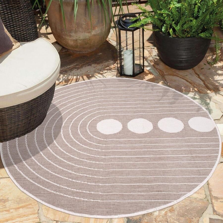 Muratap Tapijtenloods Duo Binnen en Buiten Vloerkleed Dubbelzijdig Outdoor Laagpolig Tapijt Creme Beige- 120 CM ROND