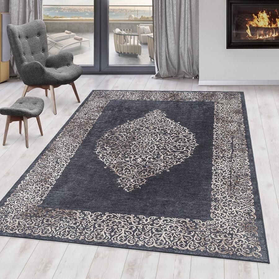Muratap Fiesta Wasbaar Vloerkleed Laagpolig Barok Design Zwart Grijs Woonkamer Tapijt Canvas Rug- 80x150 CM