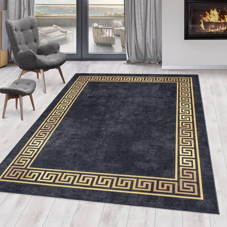 Muratap Fiesta Wasbaar Vloerkleed Laagpolig Gold Design Zwart Woonkamer Tapijt Canvas Rug- 80x150 CM