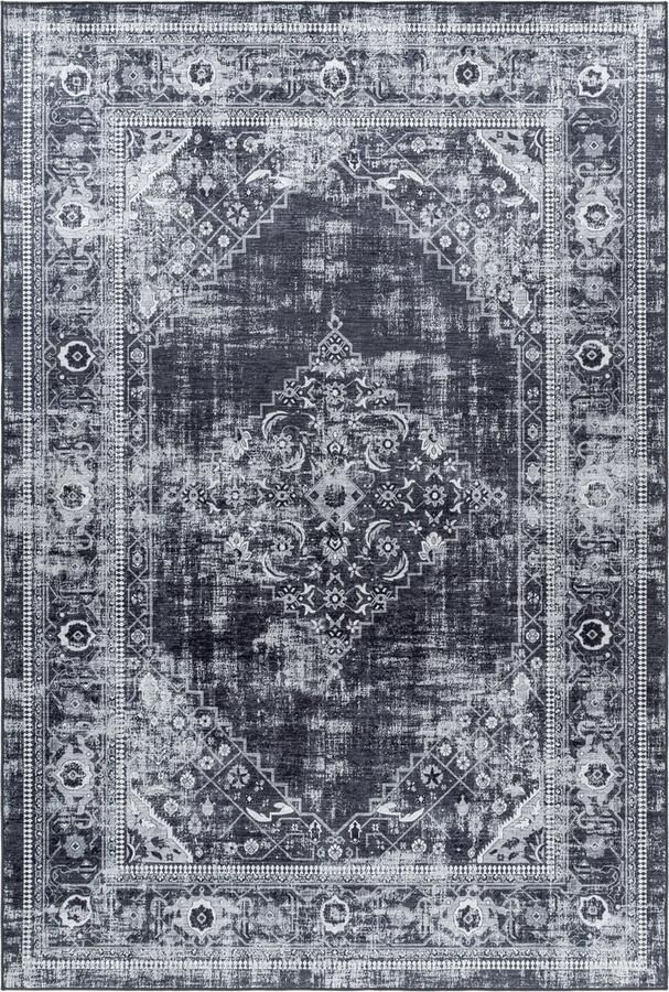 Muratap Fiesta Wasbaar Vloerkleed Laagpolig Oosters Design Zwart Grijs Woonkamer Tapijt Canvas Rug- 200x290 CM