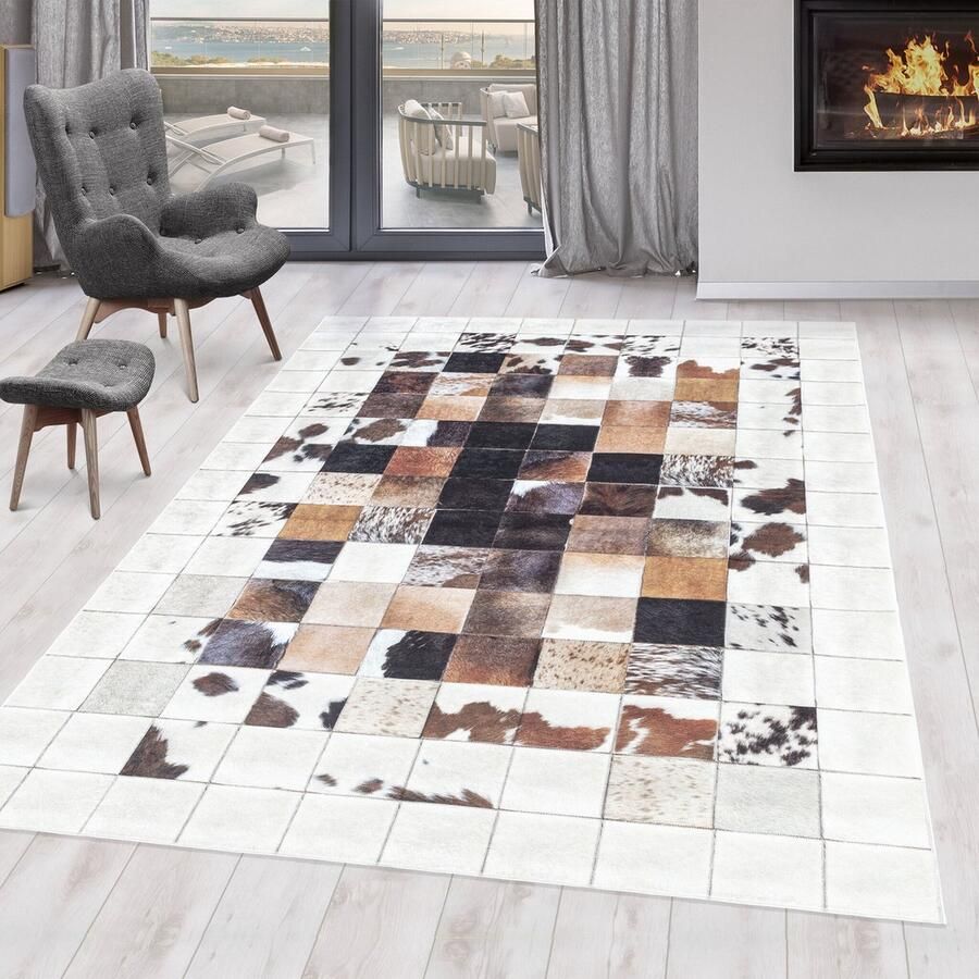Muratap Fiesta Wasbaar Vloerkleed Laagpolig Patchwork Design Wit Woonkamer Tapijt Canvas Rug- 200x290 CM