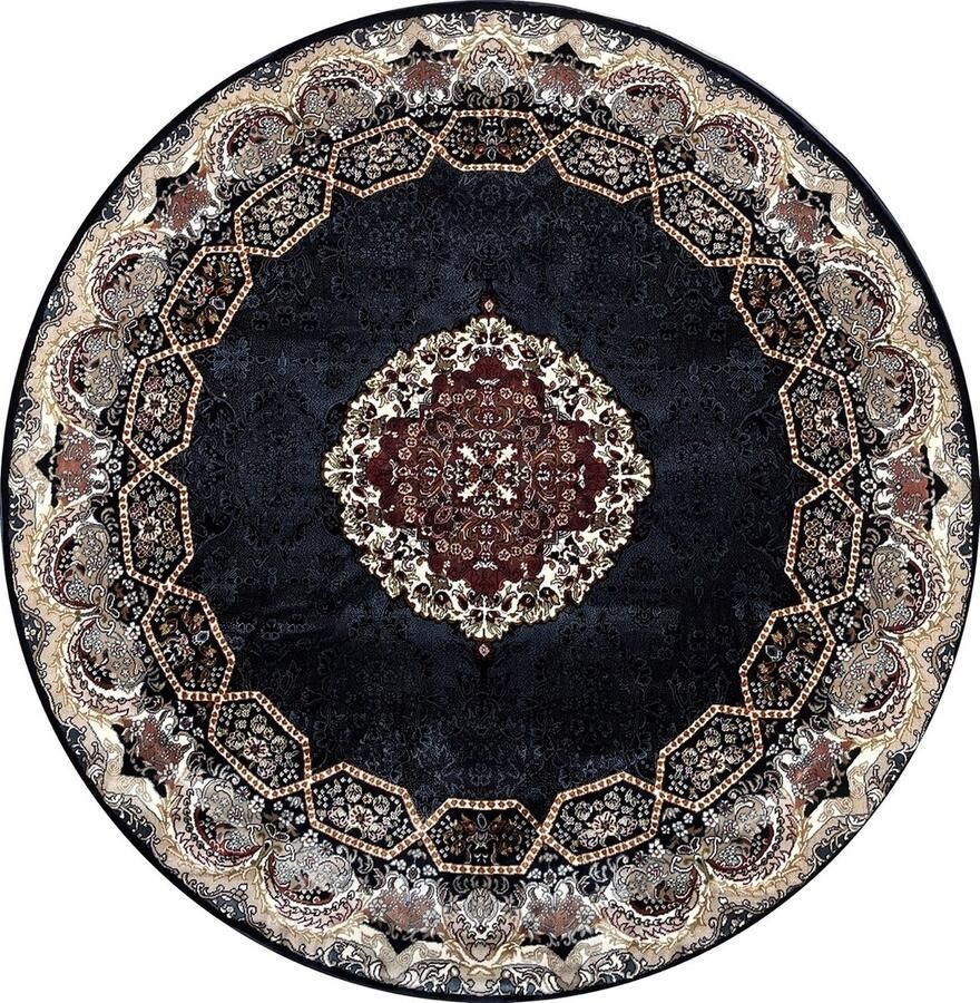 Muratap Isfahan Oosters Vloerkleed Laagpolig Klassiek Vintage Tapijt Rond Blauw Navy Multi 200 CM ROND- 200 CM ROND