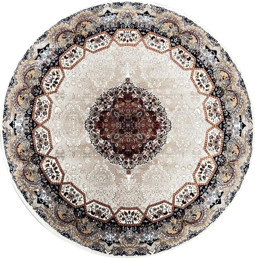 Muratap Isfahan Oosters Vloerkleed Laagpolig Klassiek Vintage Tapijt Rond Creme Multi 200 CM ROND- 200 CM ROND