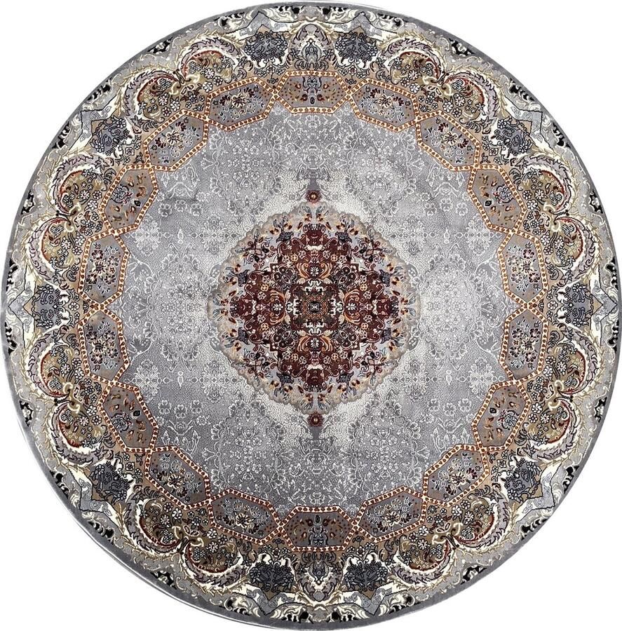 Muratap Isfahan Oosters Vloerkleed Laagpolig Klassiek Vintage Tapijt Rond Grijs Multi 200 CM ROND- 200 CM ROND