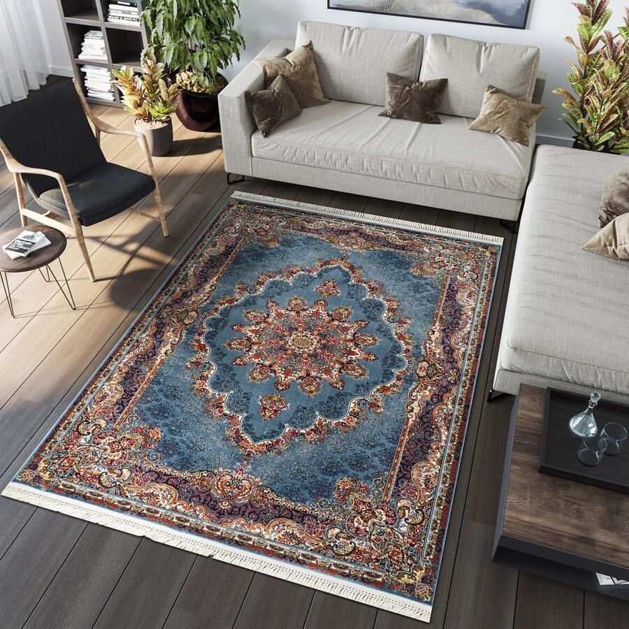 Muratap Isfahan Oosters Vloerkleed Nain Laagpolig Klassiek Vintage Tapijt Blauw Multi- 250x350 CM