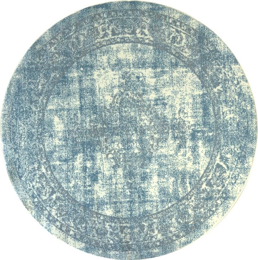 Muratap Istanbul Vintage Laagpolig Vloerkleed Rond Retro Tapijt Creme Blauw- 300 CM ROND