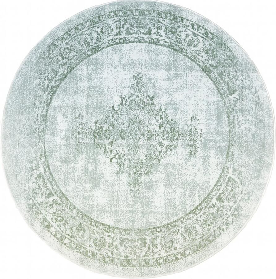 Muratap Istanbul Vintage Laagpolig Vloerkleed Rond Retro Tapijt Creme Groen- 160 CM ROND