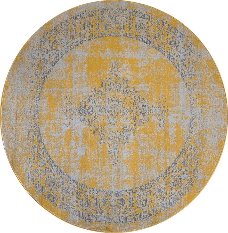 Muratap Istanbul Vintage Laagpolig Vloerkleed Rond Retro Tapijt Geel- 160 CM ROND
