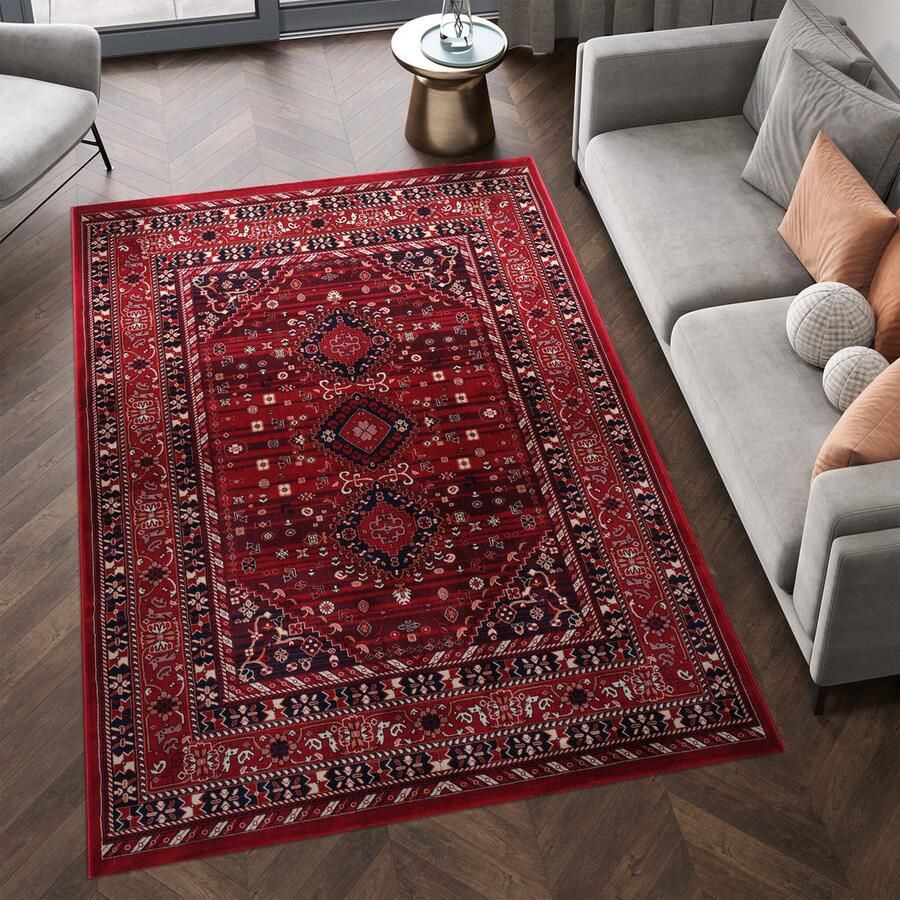 Muratap Keshan Oosters Vloerkleed Neriz Laagpolig Klassiek Vintage Tapijt Rood- 80x400 CM
