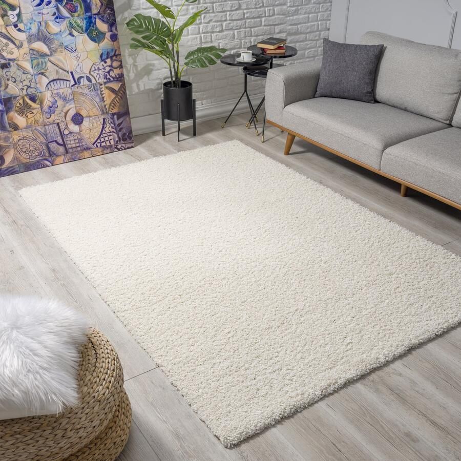Muratap Loca Shaggy Vloerkleed – Modern Uni Effen – Creme Hoogpolig & Zacht- 200x200 CM Vierkant