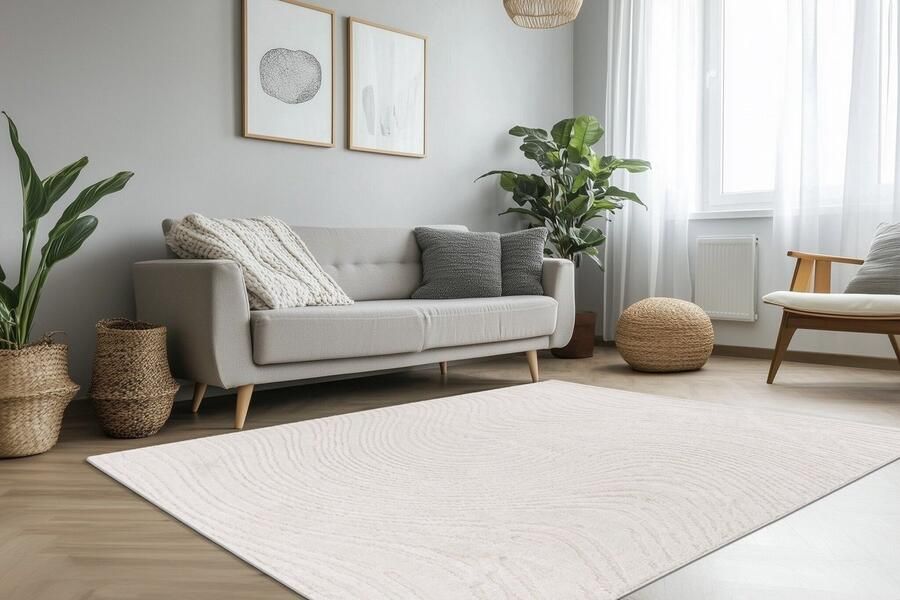 Muratap Lotus Home Abstract Modern Vloerkleed 100% Polyester Laagpolig 3D Effect Creme- 120x170 CM